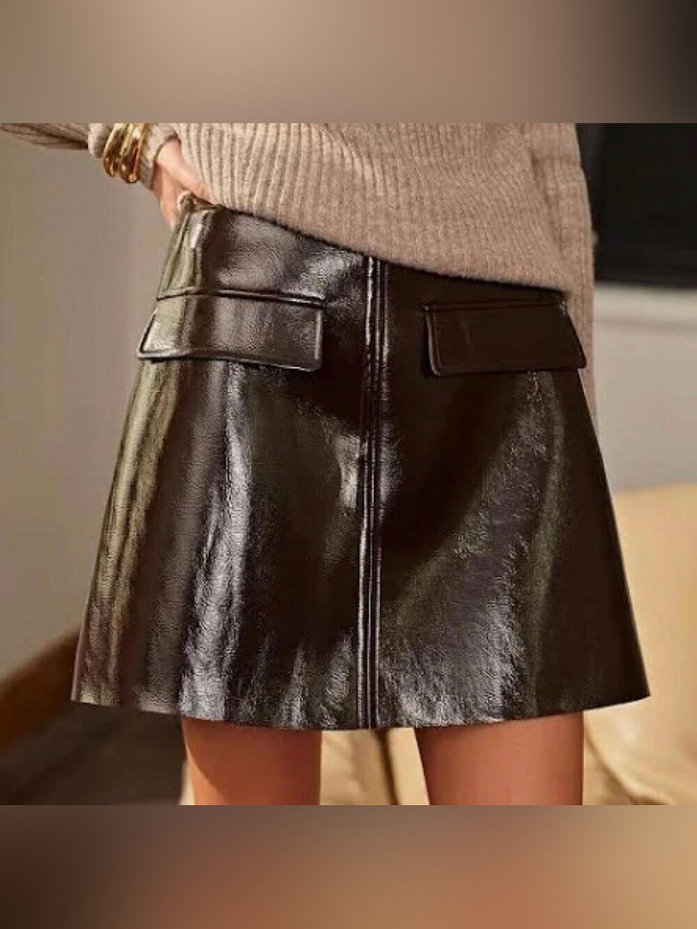 NWT Commense Brown Patent Leather Look Mini Skirt Size m